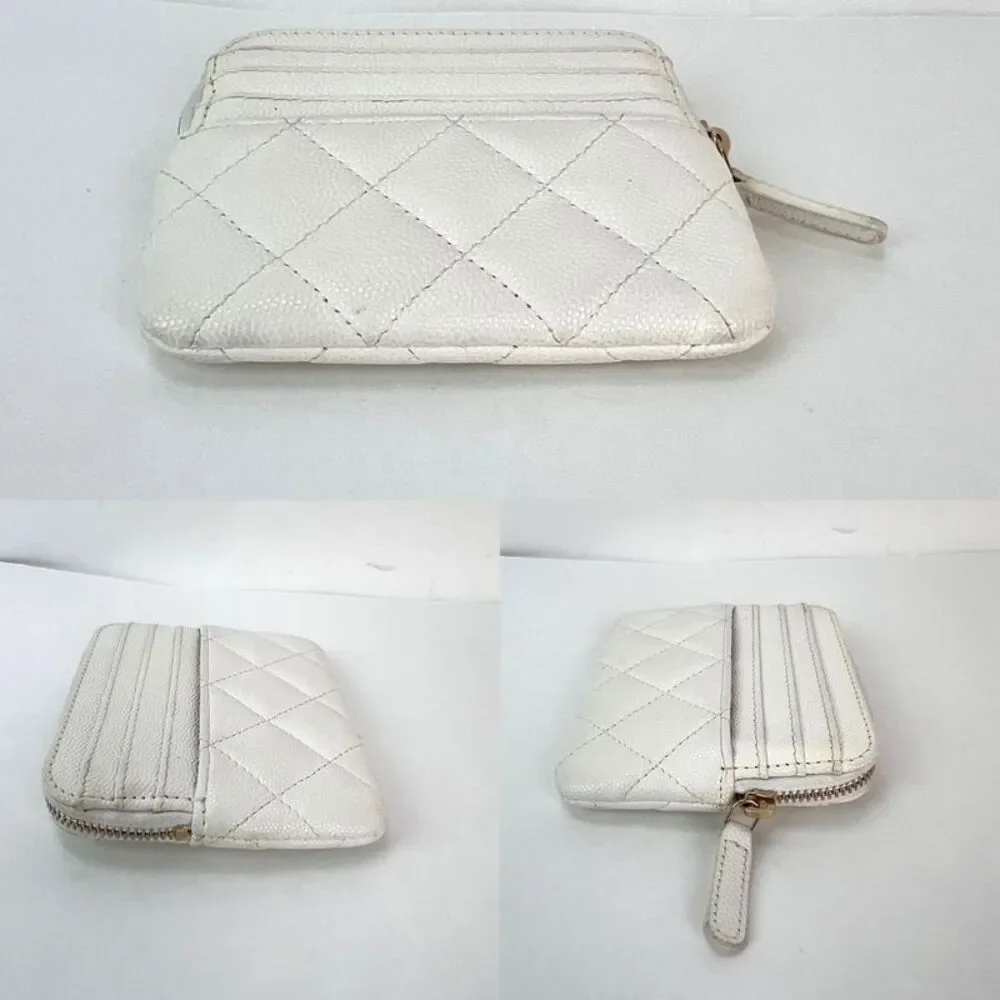 Chanel Caviar Quilted CC Zip Card Holder White Wallet